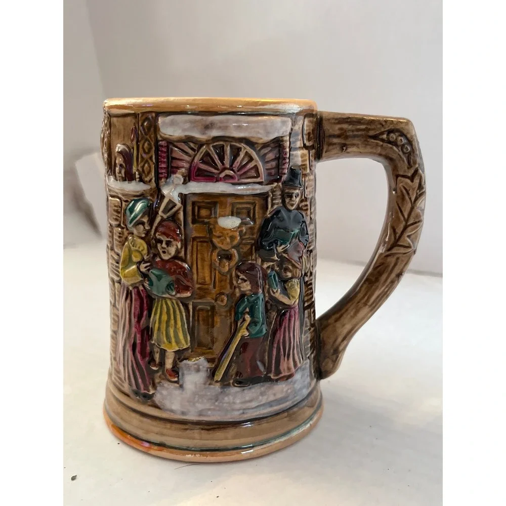 Vintage Christmas Carolers Castle 3D Relief‎ Ceramic Beer Stein Mug 5 Inch
